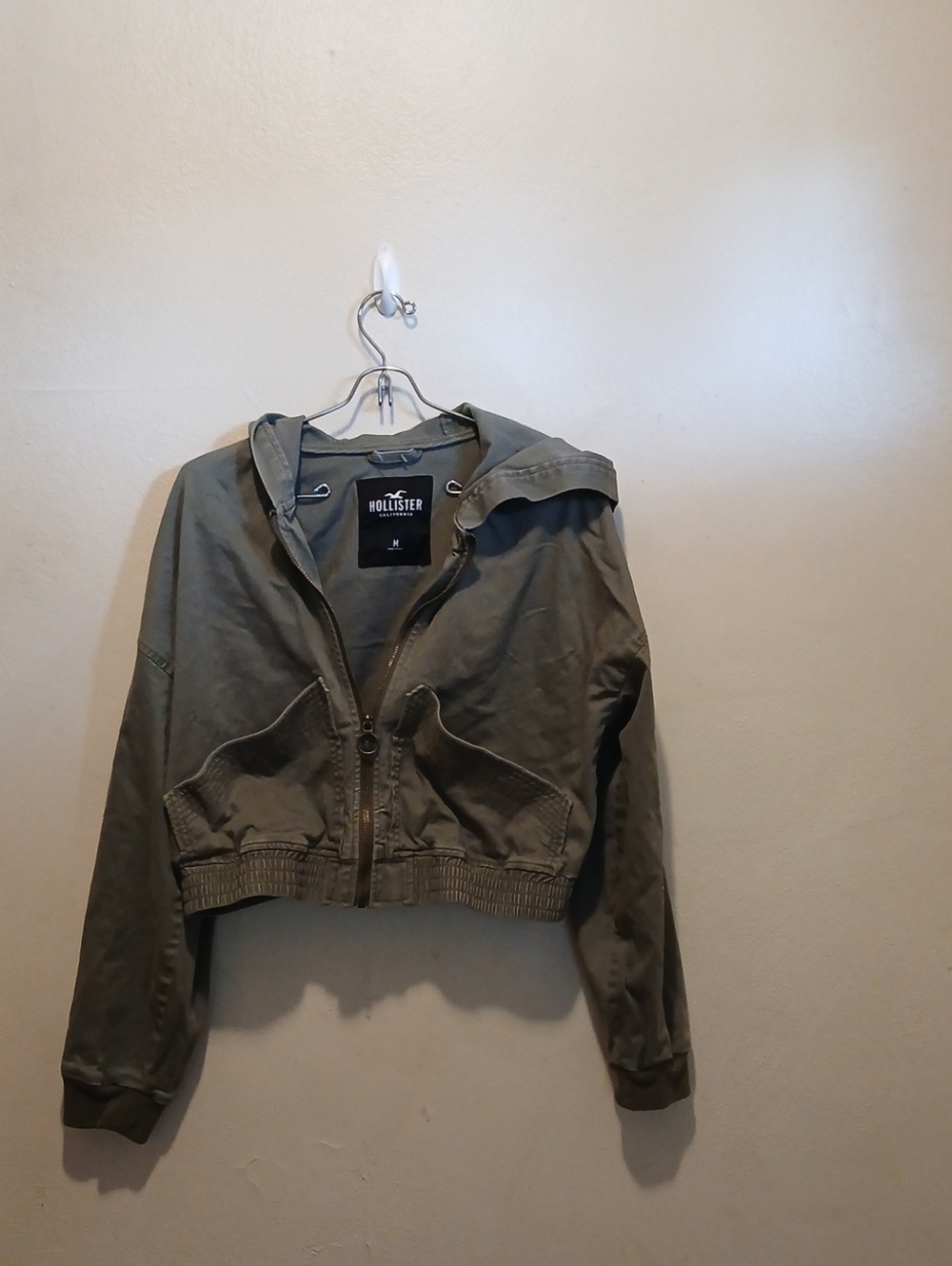 Hollister Olive Cropped Hooded Bomber Jacket